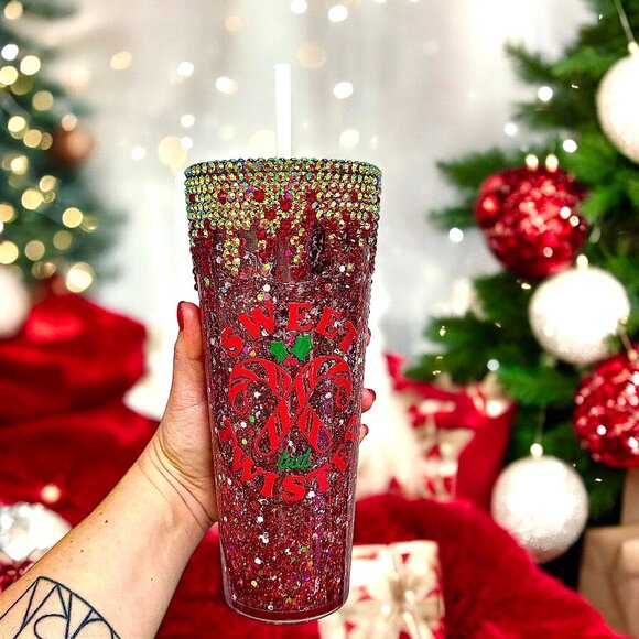 Sweet but Twisted 24oz Snow Globe Drink Tumbler, Christmas, Red glitter - Picture 1 of 4